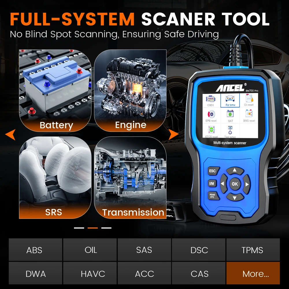 ANCEL BM700 Pro جميع الماسح الضوئي Obd2 مناسب لسيارات BMW EPB SAS وسادة هوائية ABS زيت CAS إعادة تعيين قارئ الرمز Auto Vin Obd 2 التشخيص أيضًا