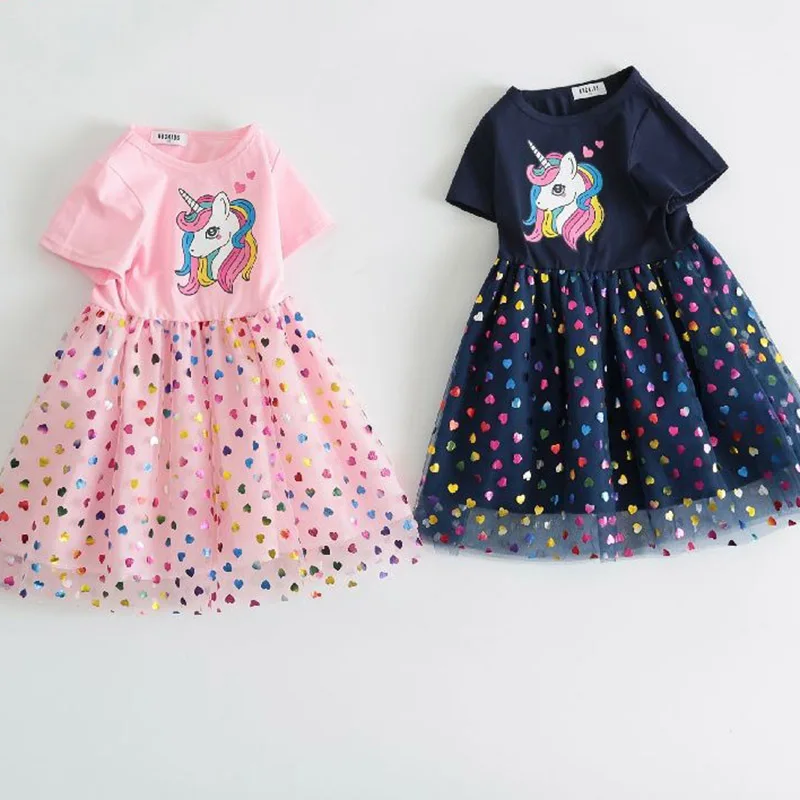 Mädchen Baumwoll-Tüll Herz Pailletten Kleid Schwarz Cartoon Einhorn Kurzarm Niedliches Lässiges Kinder Prinzessinnenkleid