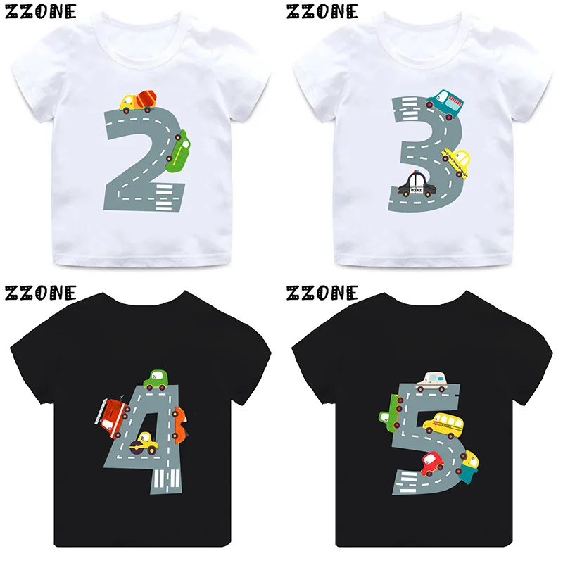 Hot Sale Different Car Print Funny Boys Clothes 1 2 3 4 5 6 7 8 9 Years Birthday Number Cartoon Kids T shirt Baby Girls T-Shirts