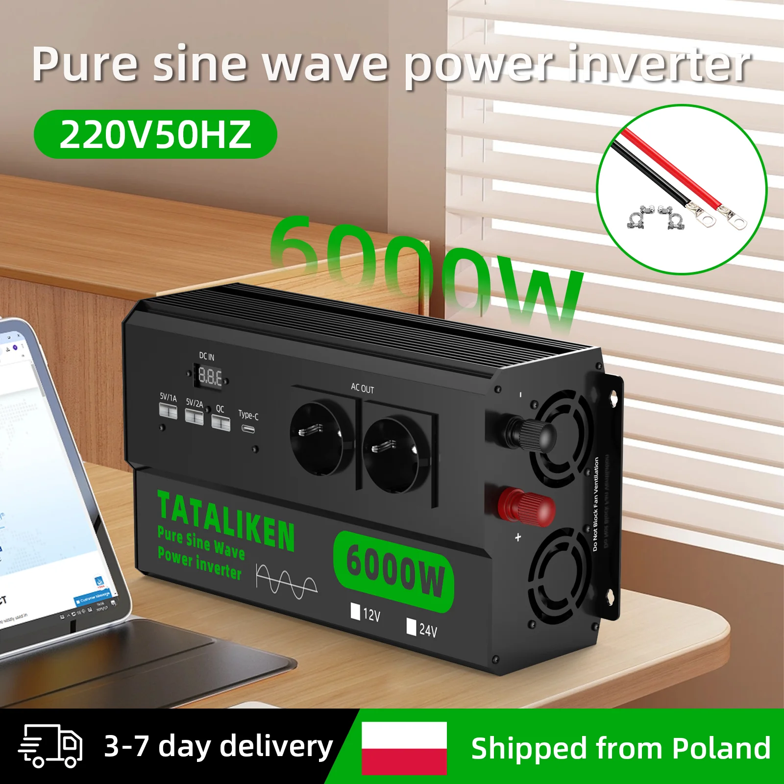 Inversor de Onda Sinusoidal Pura de Alta Potencia de 5000W, DC a AC 220V 50Hz, 4 Tomas de Corriente Europeas, Pantalla LCD Digital, Ventilador con Control de Termostato para Camión