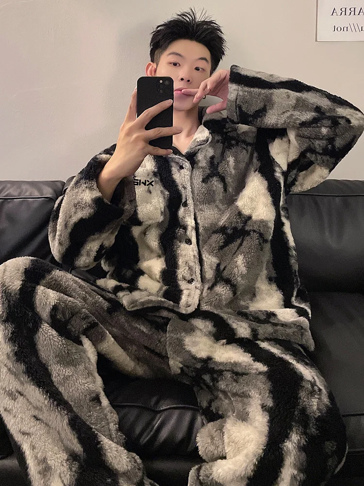 DAIMELU pajamas men's autumn and winter coral fleece flannel premium striped teen thickened warm loungewear set sleepwear male