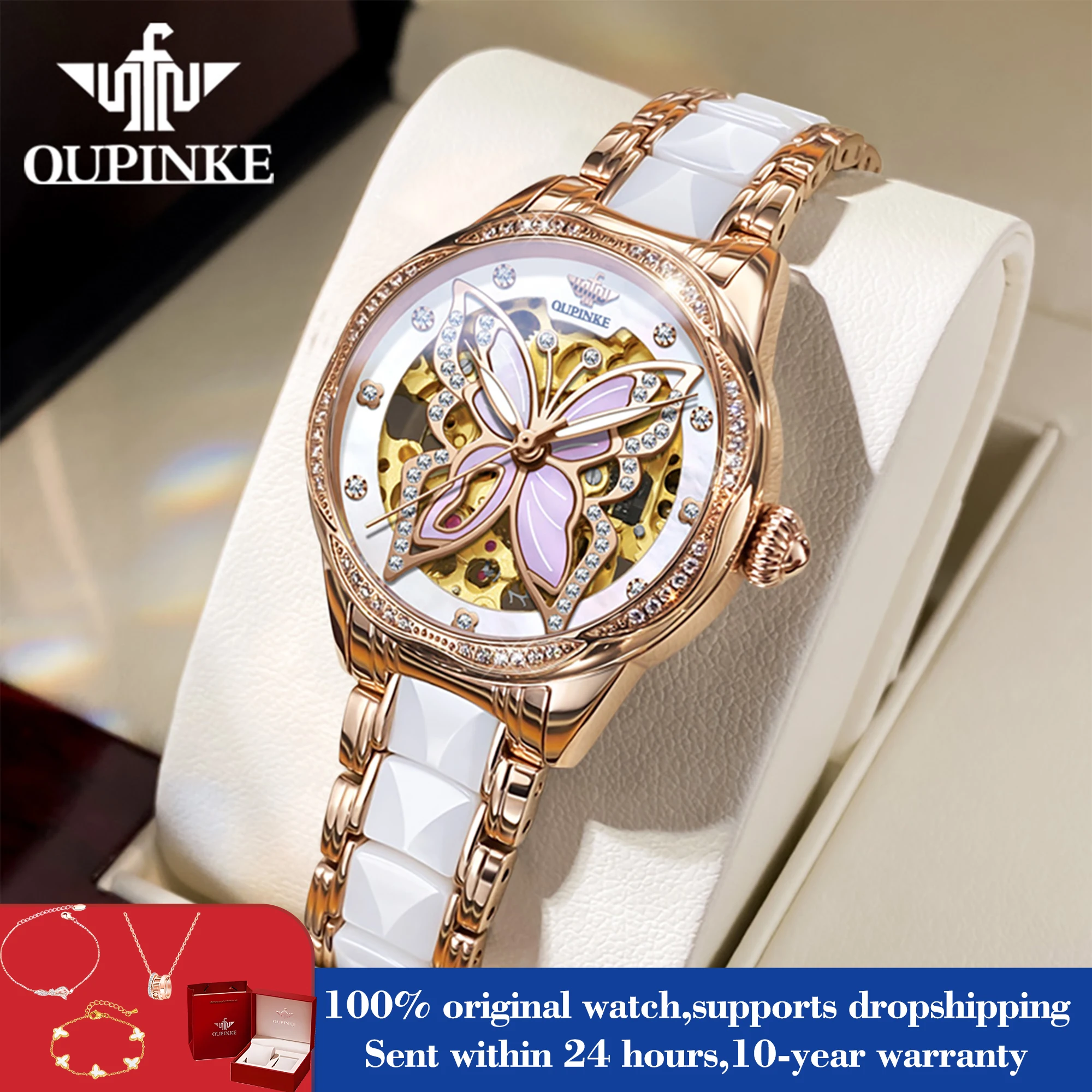 OUPINKE 3239 Women Watches Import Mechanical Movement Waterproof Watch For Women Hollow Luxury Fashion Business Woman Hand Clock