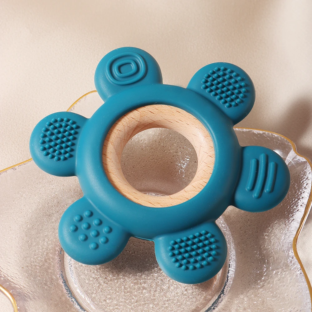 hot sale Baby wooden teether flower silicone teether Food Grade Safe Teether with wooden ring  Toy Teething gift