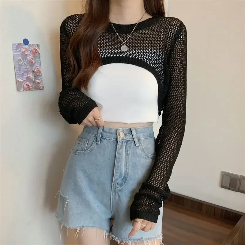 Summer and Autumn Hollow Thin Long-sleeved Shirt Women\'s Round Neck Short Knitted Blouse Drop Shipping Wholesale Sweaters