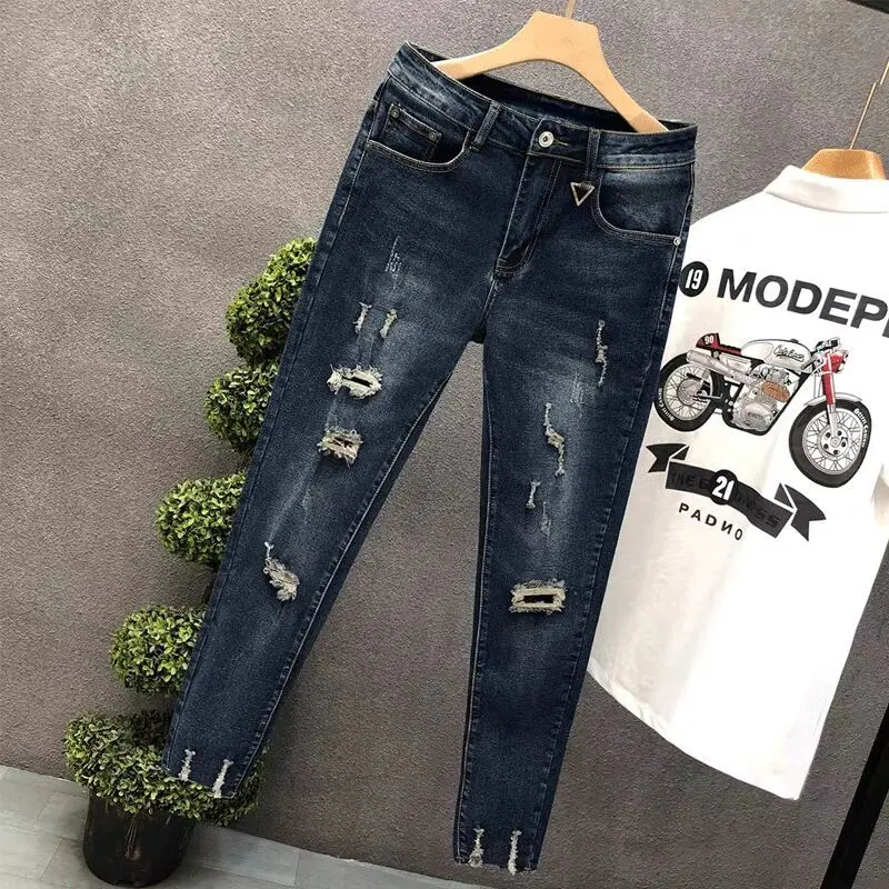 Calças de brim cortadas para homens calças rasgadas quebradas moda coreana rasgada kpop empilhadas tendência 2025 estilo barato com buracos homem calças de cowboy