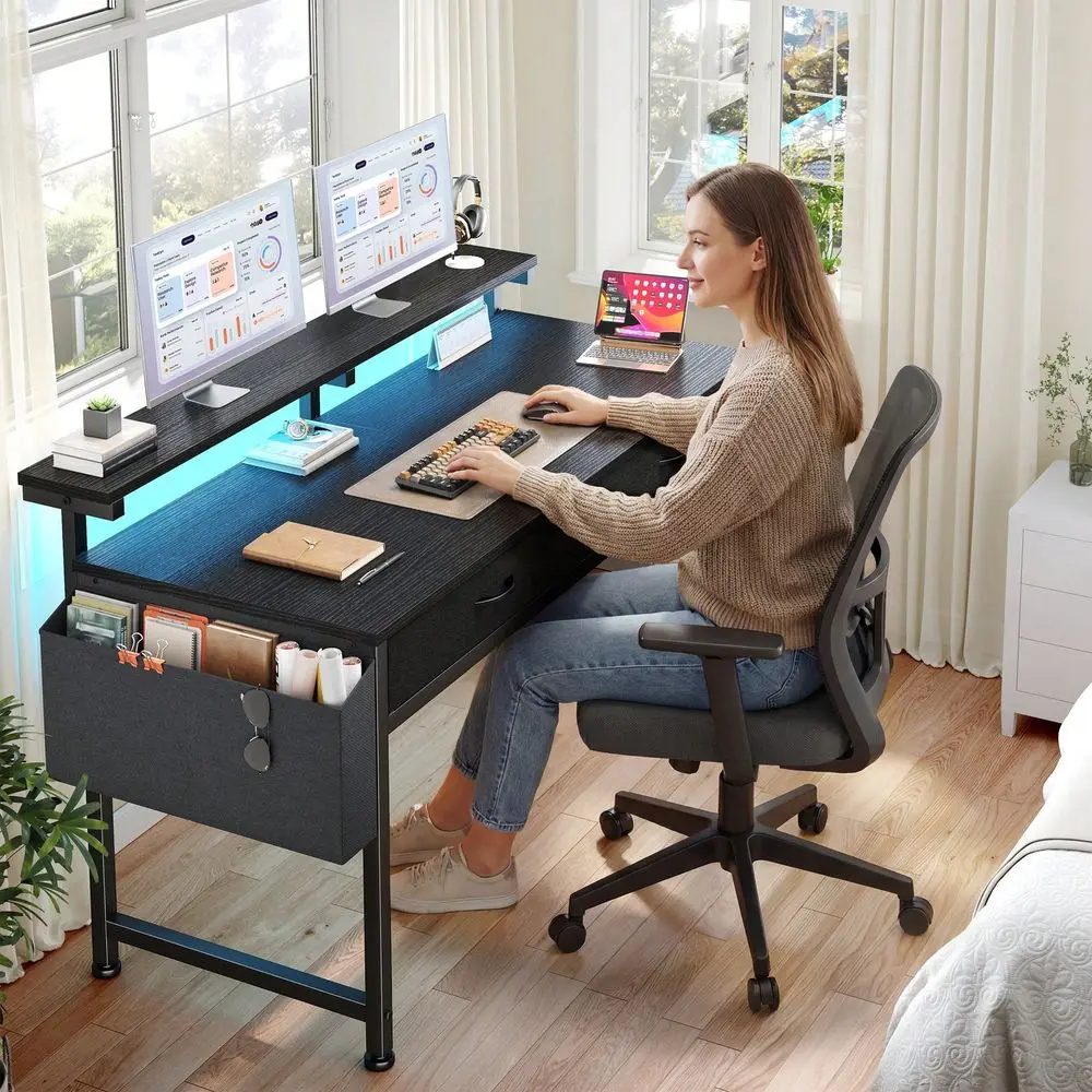 

computer desk table office deskH RGB LED Monitor Stand Computer Desk With 2 Fabric Drawers AntiTip Design For Home Office, Gamin