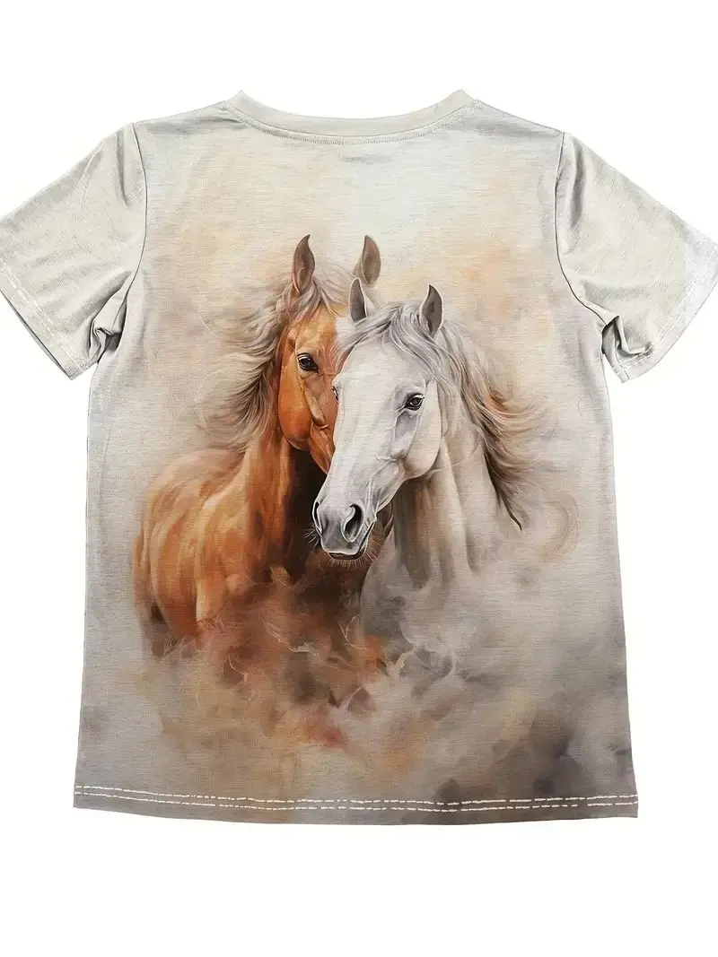 Horse Print T-Shirt Short Sleeve Crew Neck Casual Top For Summer &Spring Women\'s Clothing