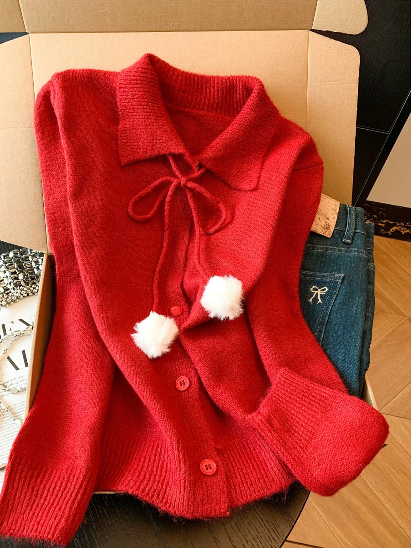 

Красный трикотажный кардиган Cisas Thiened, свитер с кружевным длинным воротником-свечом, зимний комплект из двух предметов, топ для женщин, милый топ...