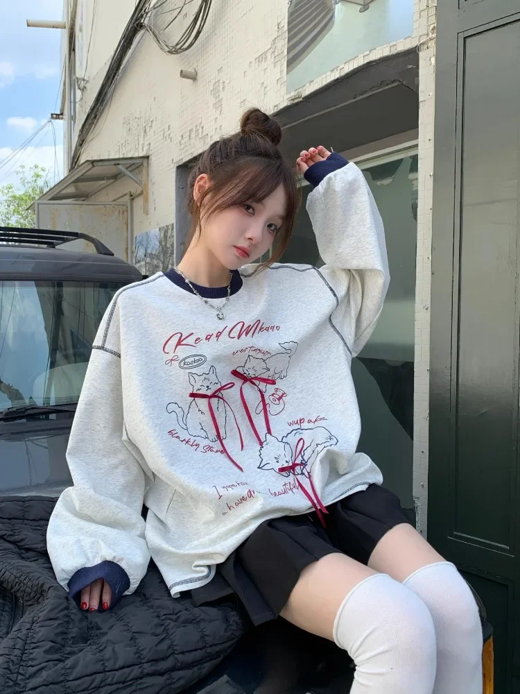 Hikigawa 3D Bow Contrast Color Hoodies Round Neck Gray Sweatshirts Autumn Korean Fashion Loose Age-reducing Cat Print Loose Top