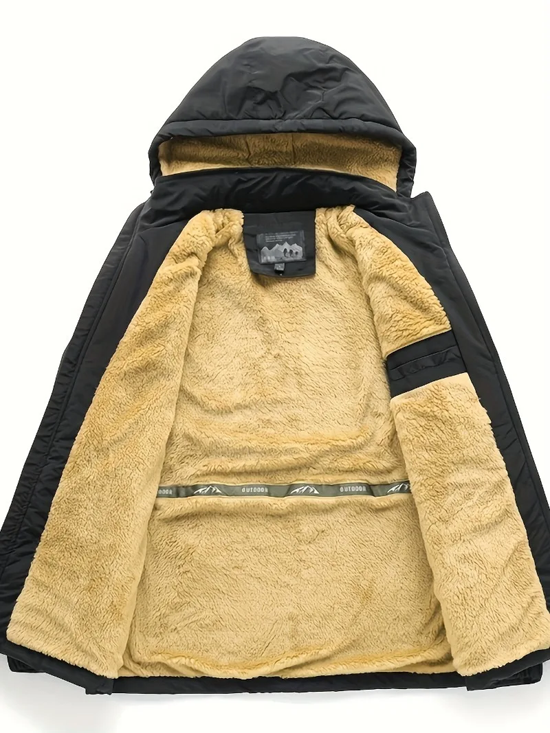 

Men'S Winter Casual Hooded Jacket with Multiple Pockets Breathable Thick Polyester Lining, Removable Hood, Zip Closure