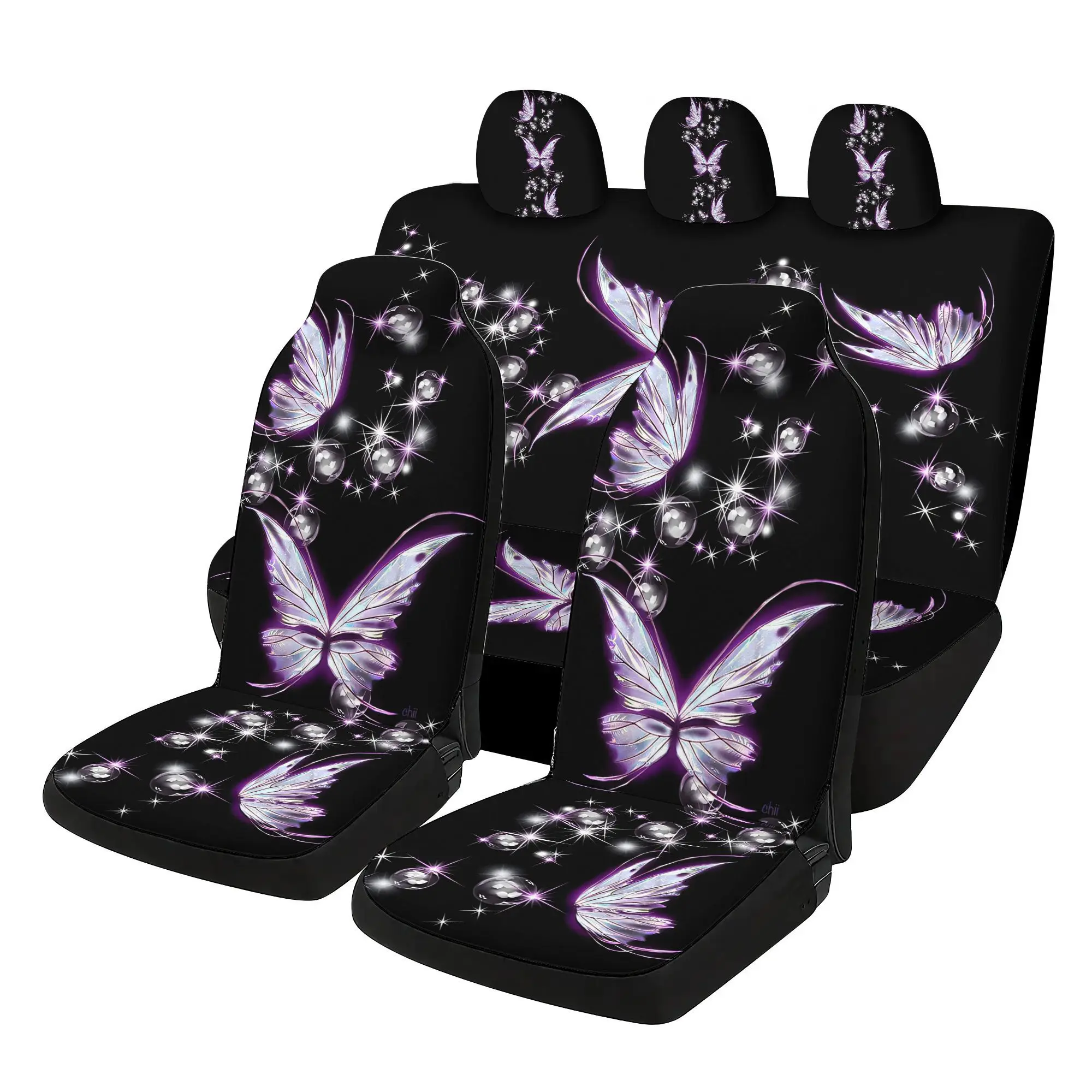 7pcs Set, 2D Print Design, Dreamy Flock Of Butterflies Car Seat Covers Set - Including 2 Front Seat Covers And 1 Rear Seat Back