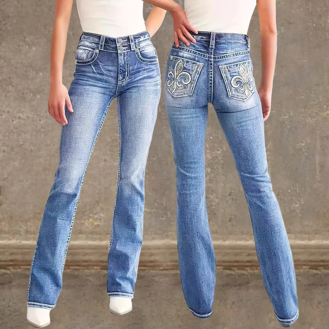 

Женские джинсы Bootcut больших размеров с отделкой на пуговицах для офиса Millennium, тонкие ребристые слезы, осенний цветок, текстурированный разноцветный узел, Vibe