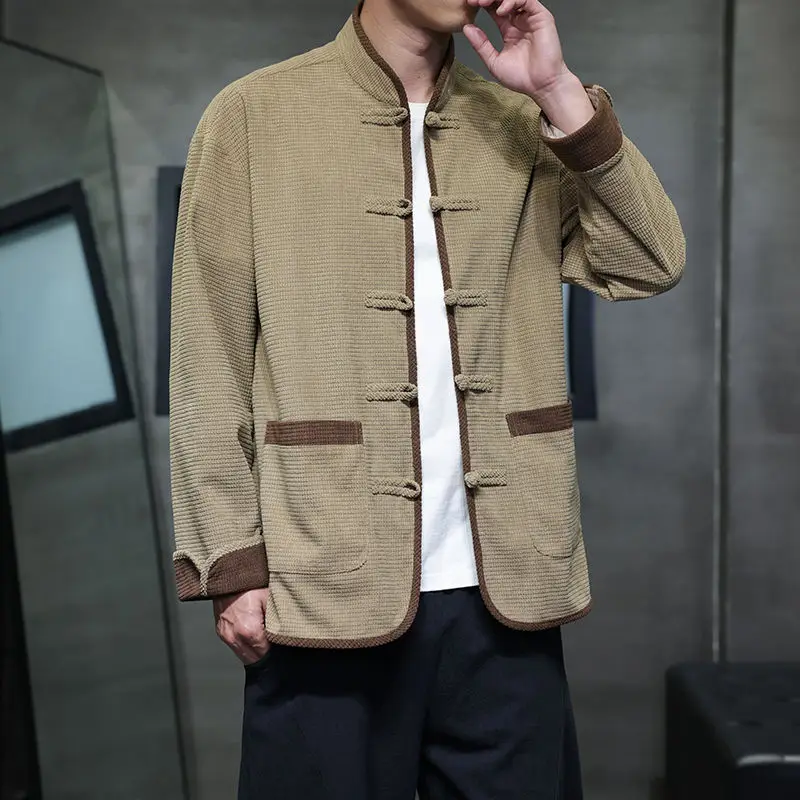 

Loose Fit Men's Jaet Coat Spring Autumn New Chinese Sle Retro Button Stand Collar Top Large Size Tang Costume