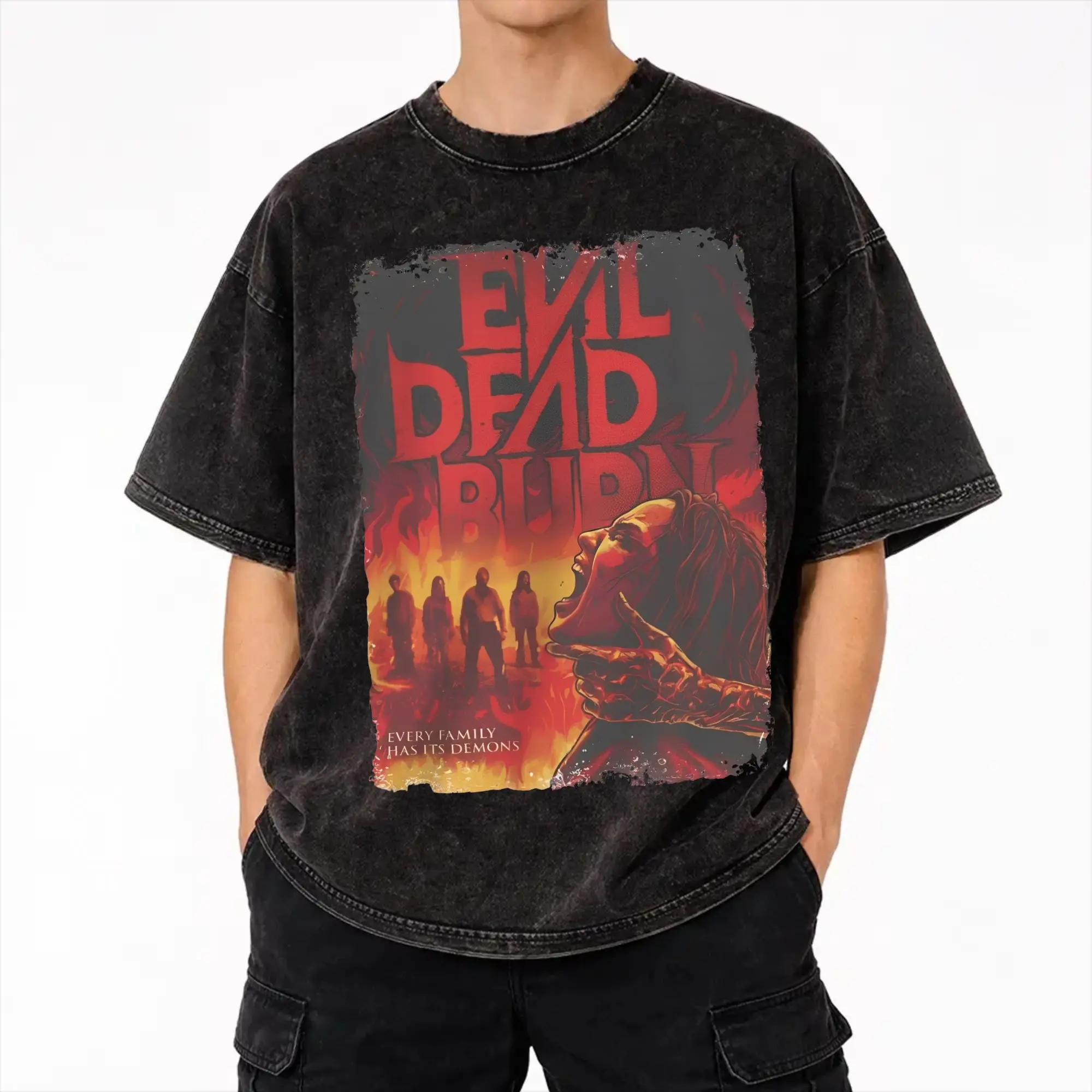 Harajuku Washed Shirt evil dead burn 2026 Outfit Vintage T-Shirts High Street  Streetwear 100% Cotton Summer Tees