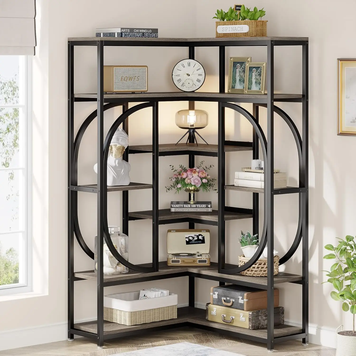 7-Shelf Corner Bookshelf, Large Modern Corner Bookcase, Tall L-Shaped Corner Shelf Stand Display Rack