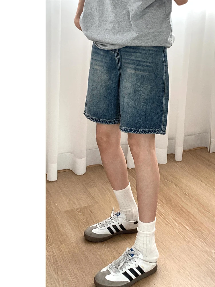 

Ретро-синие джинсы с высокой талией и широкими штанинами, женские летние свободные брюки больших размеров для фигуры типа «груша», утягивающие, длиной до колена