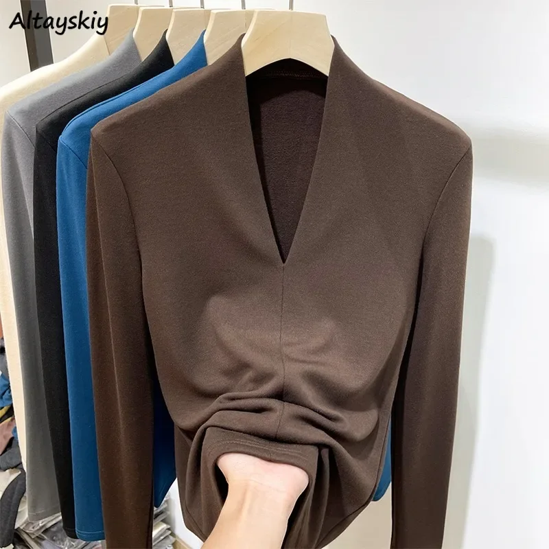 

V-neck Long Sleeve T-shirts Women Slim Basics Pure Color Elegant Fashion All-match Tops Vintage Aesthetic Clothes Ulzzang Ins