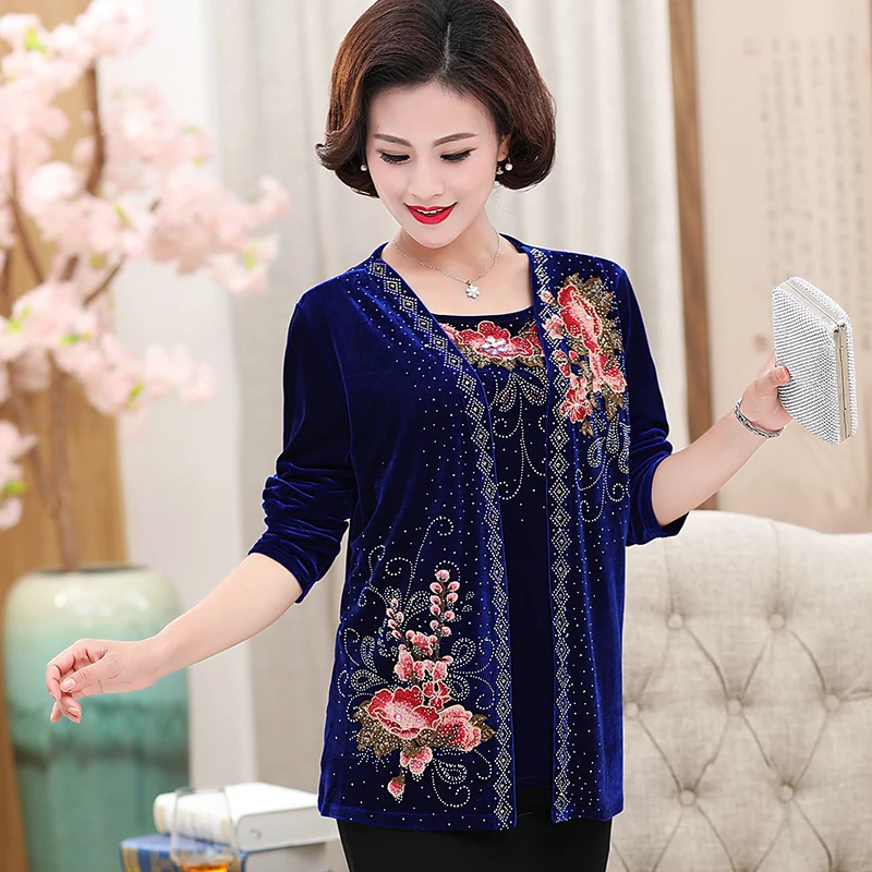 Nữ Giả Hai Mảnh Thêu Cardigan Xuân & Thu Hoa Velour Áo Nữ Dài Tay Vàng Nhung Thêu Áo Kiểu