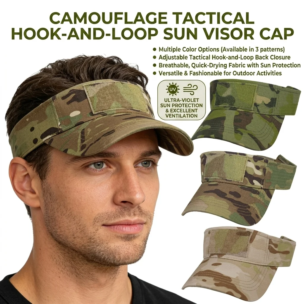 Men's Camo Tactical Sun Visor Hat Adjustable Hook & Loop UV Protection Breathable Open Top Baseball Cap for Outdoor Running