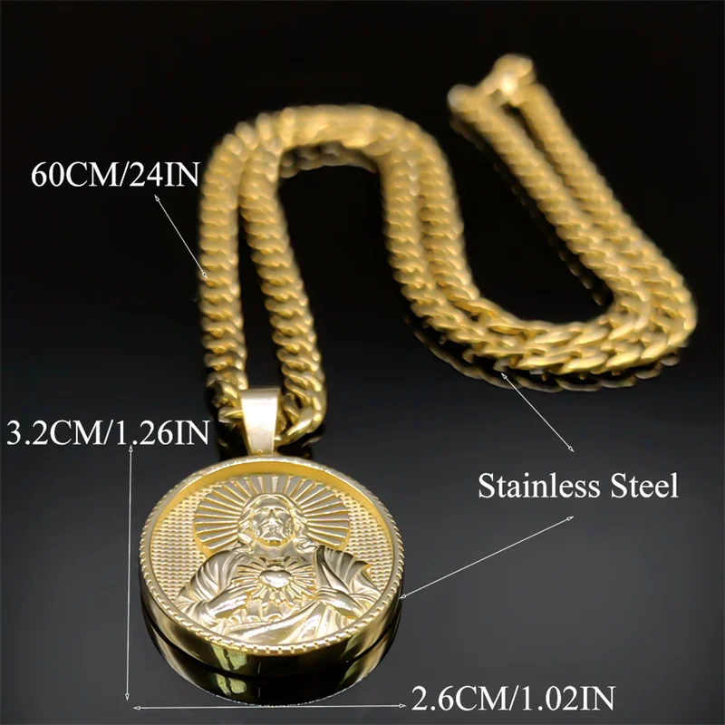 Heiliges Herz Jesu katholische Halskette für Damen Herren Edelstahl vergoldet Medaille Anhänger Halsketten Schmuck Geschenk NZZ452S05 – Detail 3