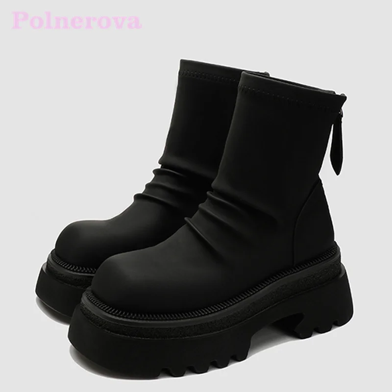 

Black Chunky Sole Platform Boots Women Round Toe Back Zipper Autumn Thick Sole High-Top Ladies Shoes Female Handmade Booties