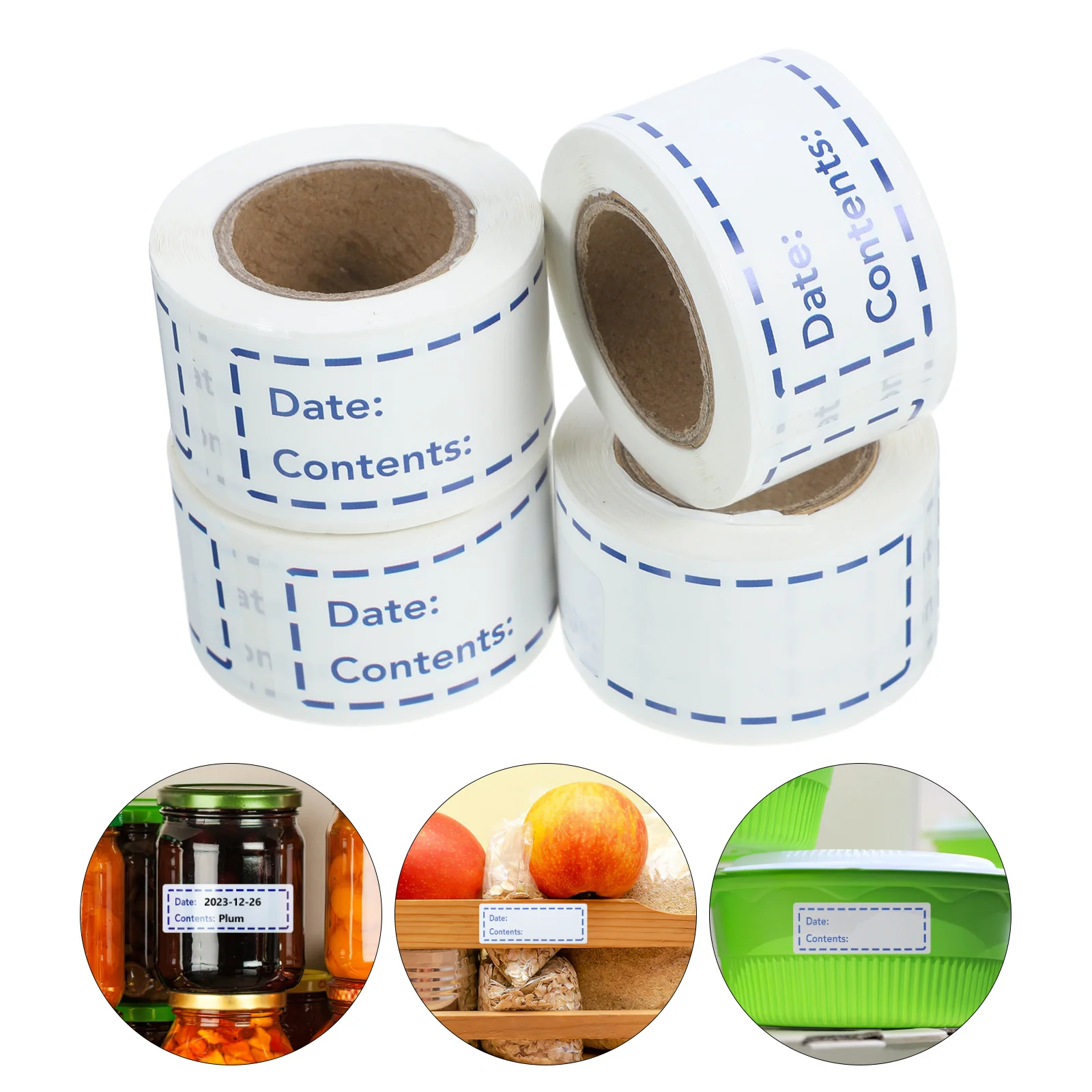 4 rotoli di etichette adesive per alimenti, scrivibili, rimovibili, pasta facile per l'organizzazione di contenitori per bottiglie di conservazione degli alimenti, etichette multifunzione