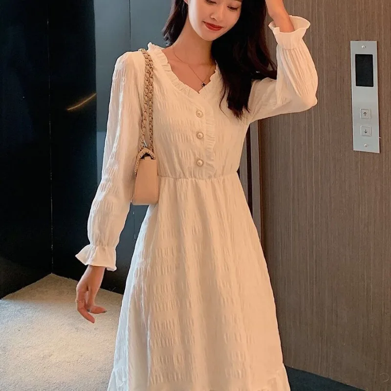 Women Autumn Vintage Fashion Pleated Solid Color V-neck Long Sleeve Midi Dress Ladies Casual All-match Appear Thin A-line Skirt