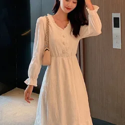 Women Autumn Vintage Fashion Pleated Solid Color V-neck Long Sleeve Midi Dress Ladies Casual All-match Appear Thin A-line Skirt