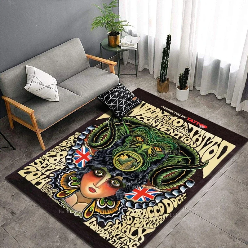 Traditional Old School Tattoo Style Soft Carpet London American Lingerie Woman Skull Body Flannel Floor Rugs By Ho Me Lili