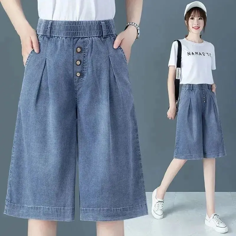 

High-waisted Wide-legged Pants Denim Women Summer Shorts Loose Thin Straight Pants Blue Jeans Streetwear Buttons Elastic Waist