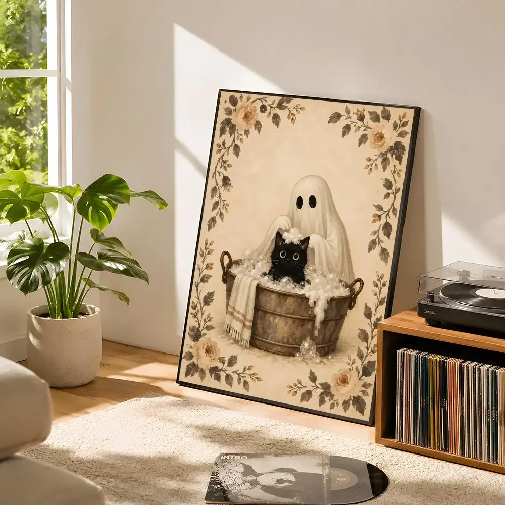 Vintage Ghost Cat Bath Poster Self Adhesive Matte Wall Art Removable Home Room Decoration