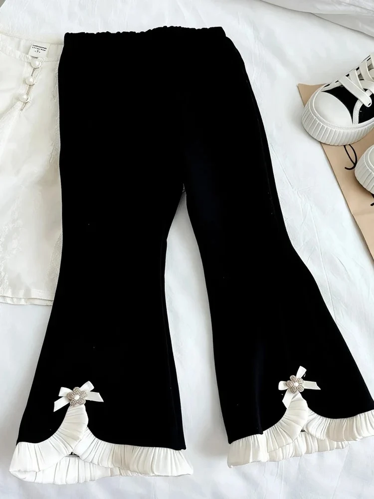 

Модные расклешенные брюки принцессы для девочек, зимние черные универсальные длинные брюки с галстуком-бабочкой, осенний сезон, прямые брюки с высокой талией