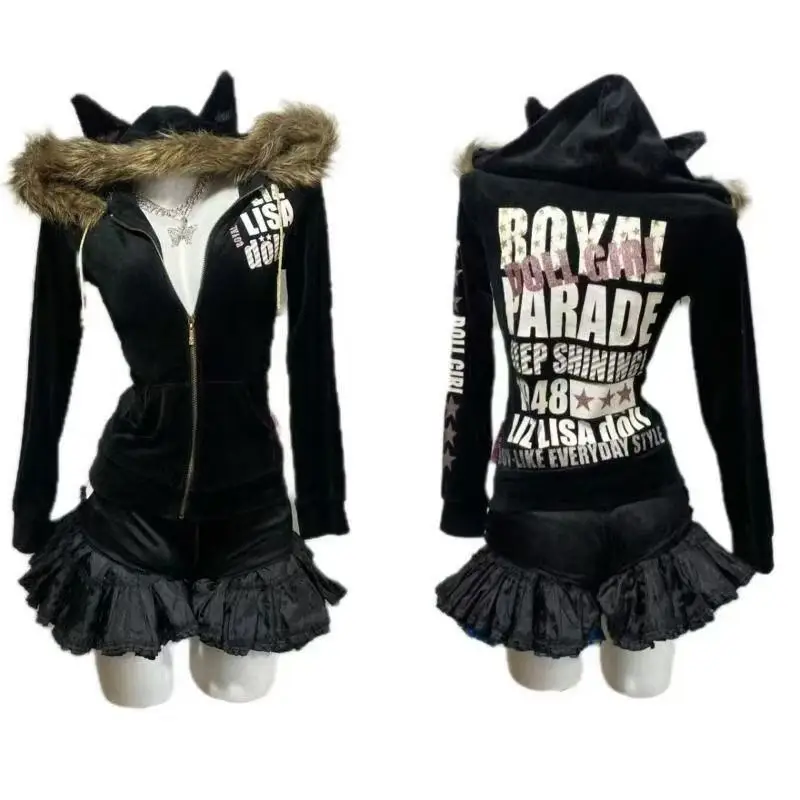 Cat Ear Design Velvet Hooded Outerwear Faux Fur Trim Collar Zip Up Slim Back Letter Print Long Sleeve Unlined Coat Slim Street