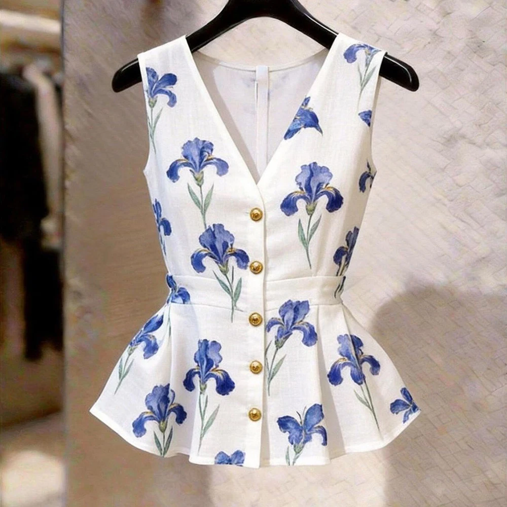 French temperament sweet wind V-neck printed sleeveless top women's 2026 summer new waist thin versatile shirt
