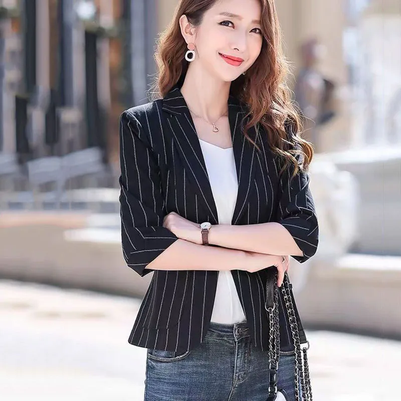 

Fashion Korean Three Quarter Sleeve Striped Blazer Women Jacket Casual Ladies Blazers Tops Spring Summer Suit Women Coat 2025New