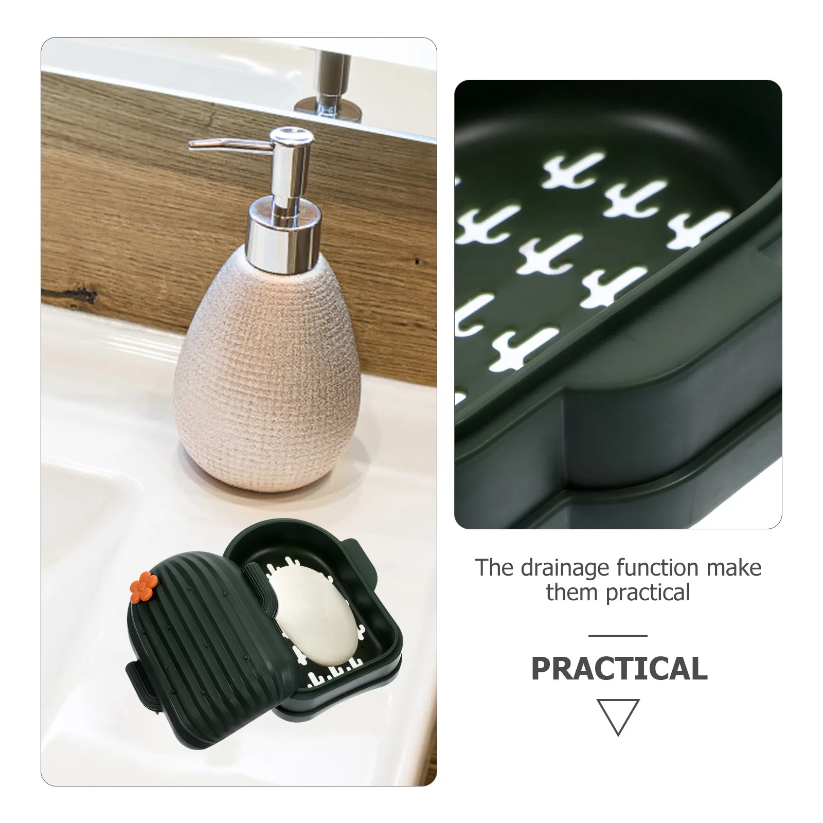 

3pcs Drain Box Cute Cactus Cartoon Olive Green Travel Home Plastic Soap Case Container PP Portable Storage Box