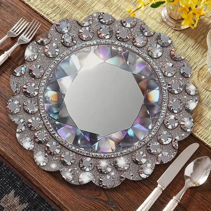 VIKAMA Luxury Silver Rhinestone Round Placemat Mirror Table Mat Waterproof Heat Resistant Plate Pad Wedding Dining Decor view 4