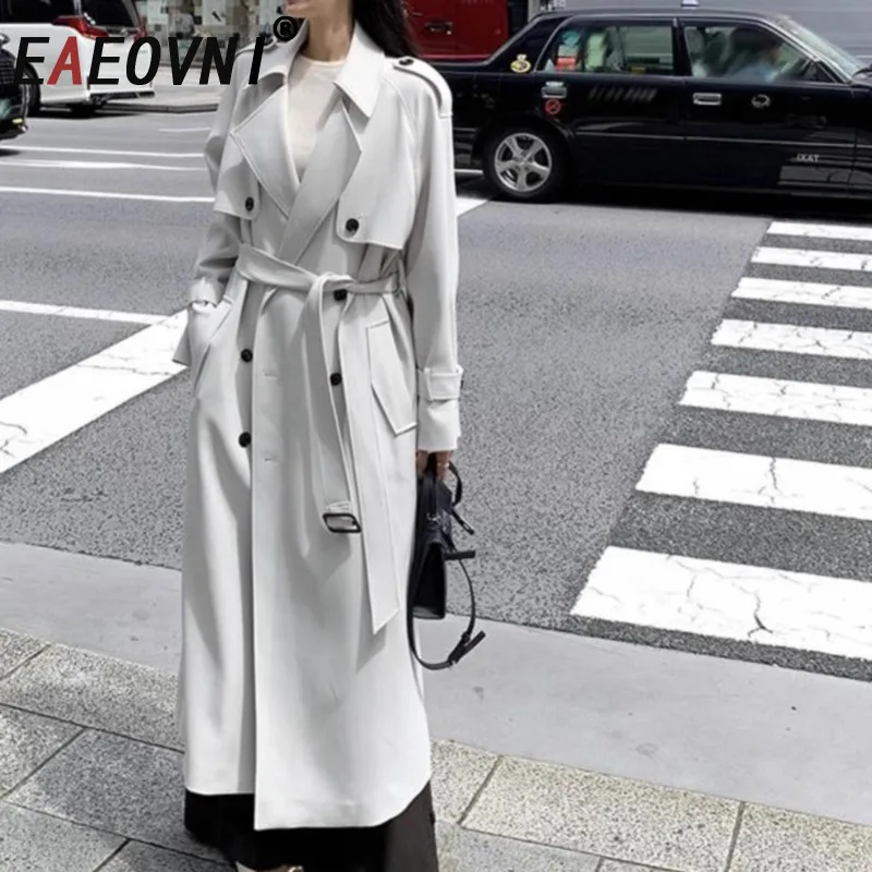 

EAEOVNI Autumn Office Lady Long Trench Coat Women Temperament Solid Button Belt Windbreaker Fashion 2025 New Clothing
