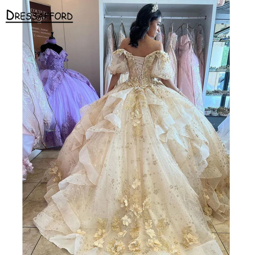 Vestidos De princesa rosa, 15 Años, quinceañera, apliques 3D De encaje, hombros descubiertos, 16 Vestidos De Xv Años