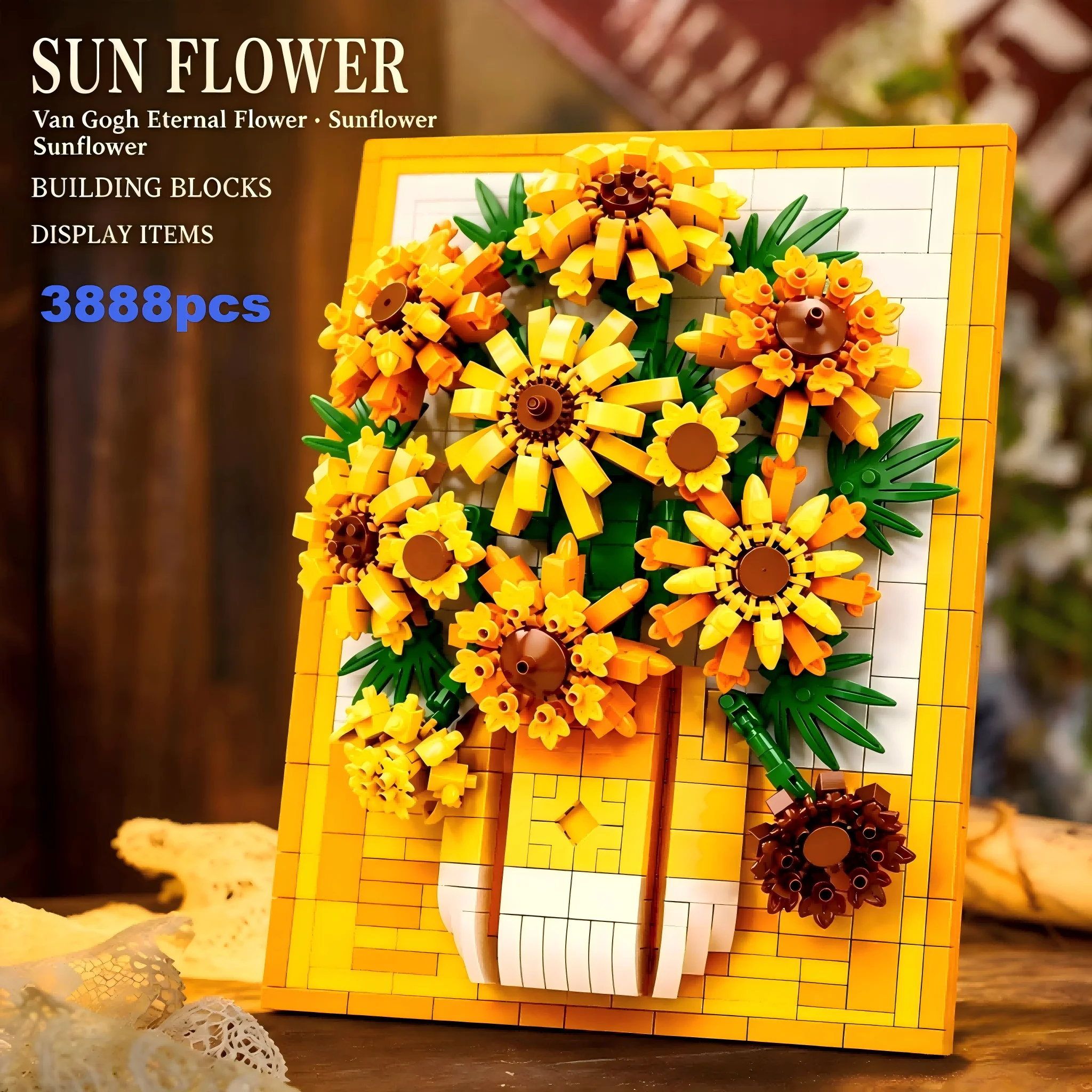 Van Gogh Sunflower Building Blocks Bouquet, Compatible with Major Brick Brands, DIY Assembly Toy, Desktop Ornament,Birthday Gift
