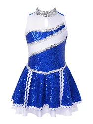 Kids Girls Cheerleading Clothes Sleeveless Round Collar Shiny Sequins Decorated Patchwork Style Invisible Zipper Dance Dress