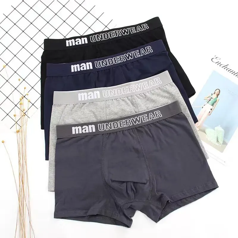 Celana dalam boxer olahraga pria isi 4 buah, celana dalam boxer olahraga motif tulisan untuk pria ukuran 3XL 4XL 5XL, celana pendek modis bersirkulasi empuk multiwarna