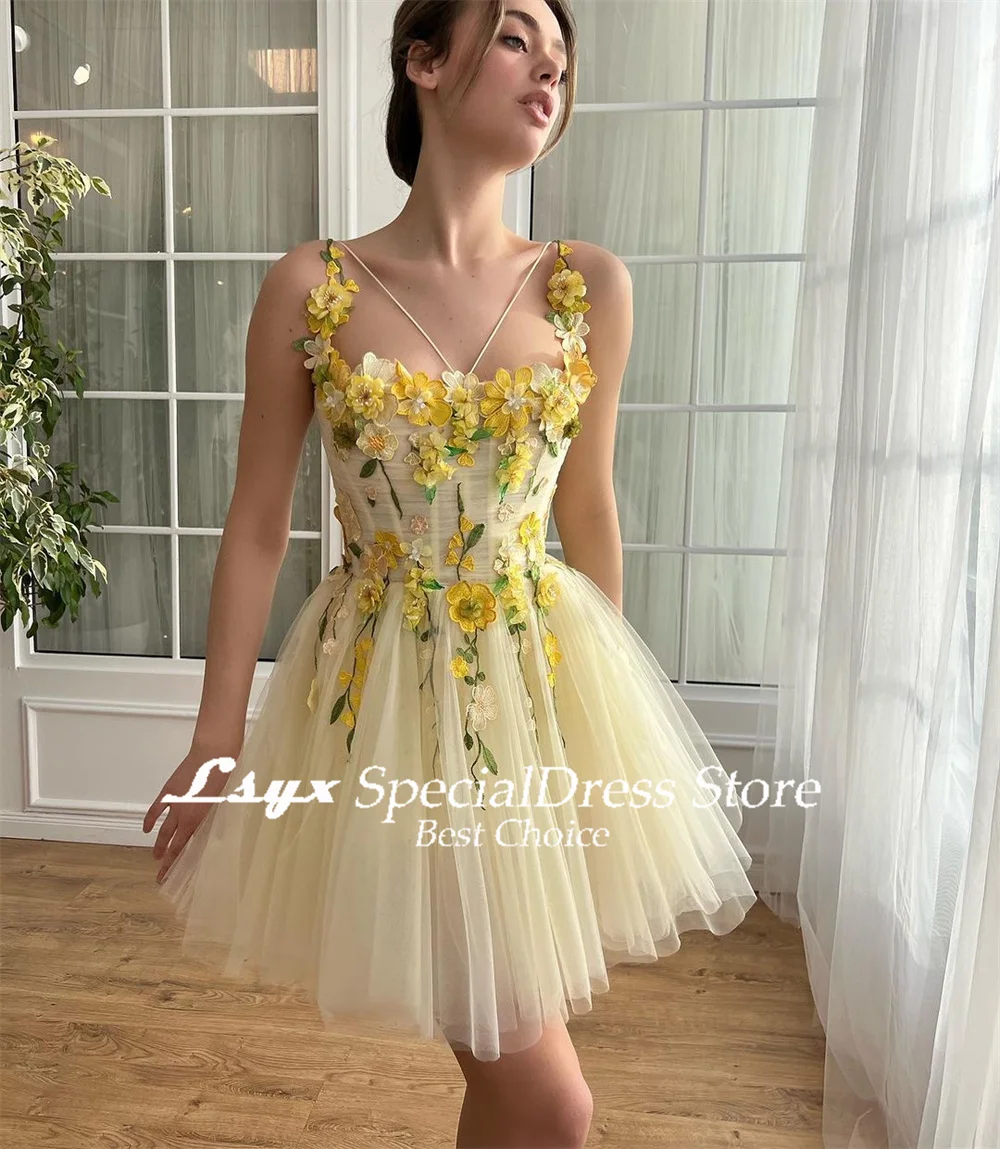 LSYX-Vestido de tule amarelo com apliques florais, vestidos de noite em linha A, cinta de espaguete, vestido de baile, 2024