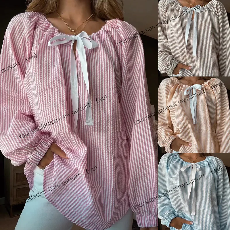 

Осенне-зимняя женская рубашка, шифоновая рубашка, полосатый топ на шнуровке