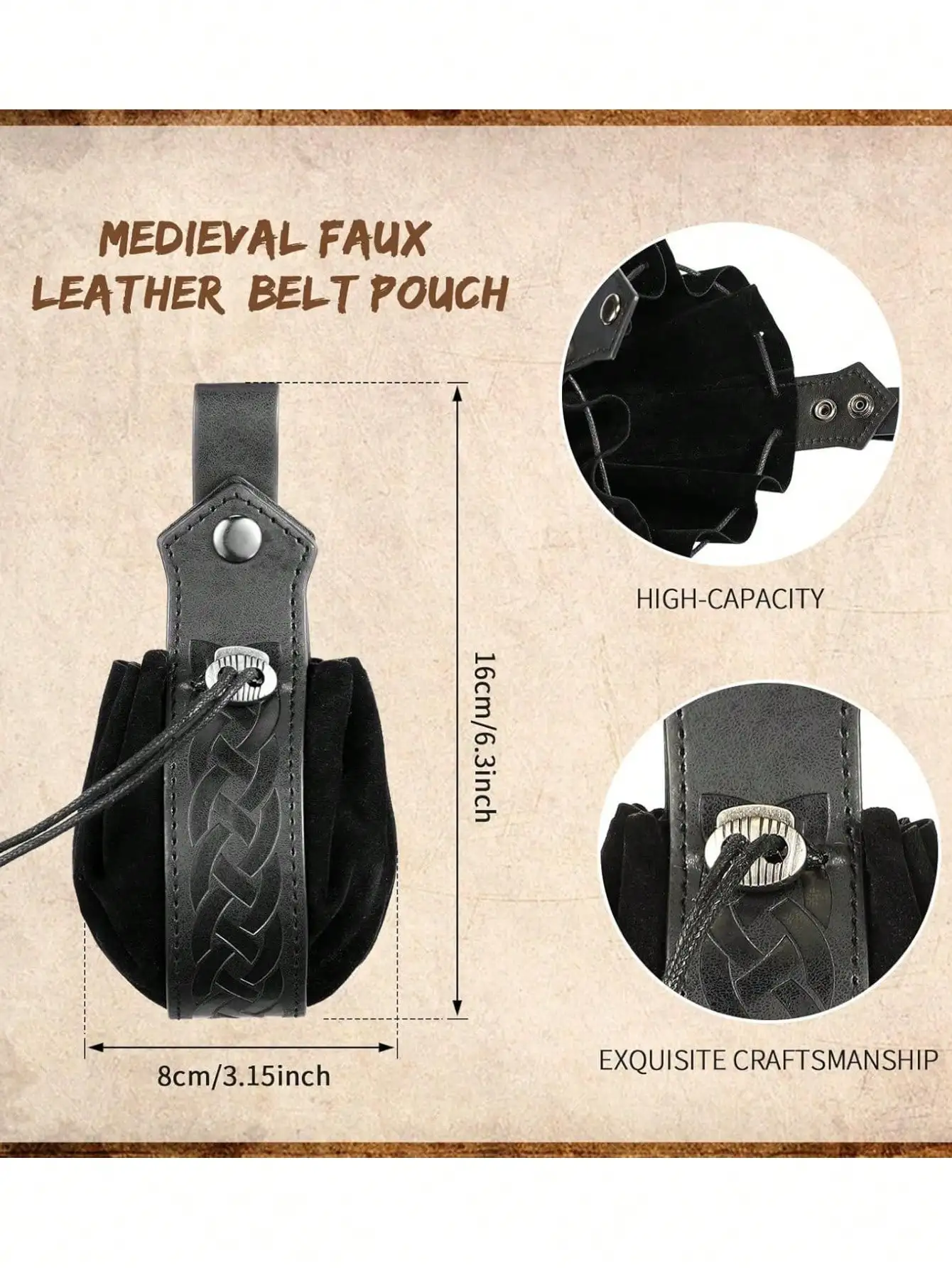 Mittelalterliche Vintage-Hüfttasche, Gürteltasche, PU-Leder, Punk, Wikinger, Vintage-Kordelzug, tragbare Geldbörse, Mann und Frau, Kostümzubehör