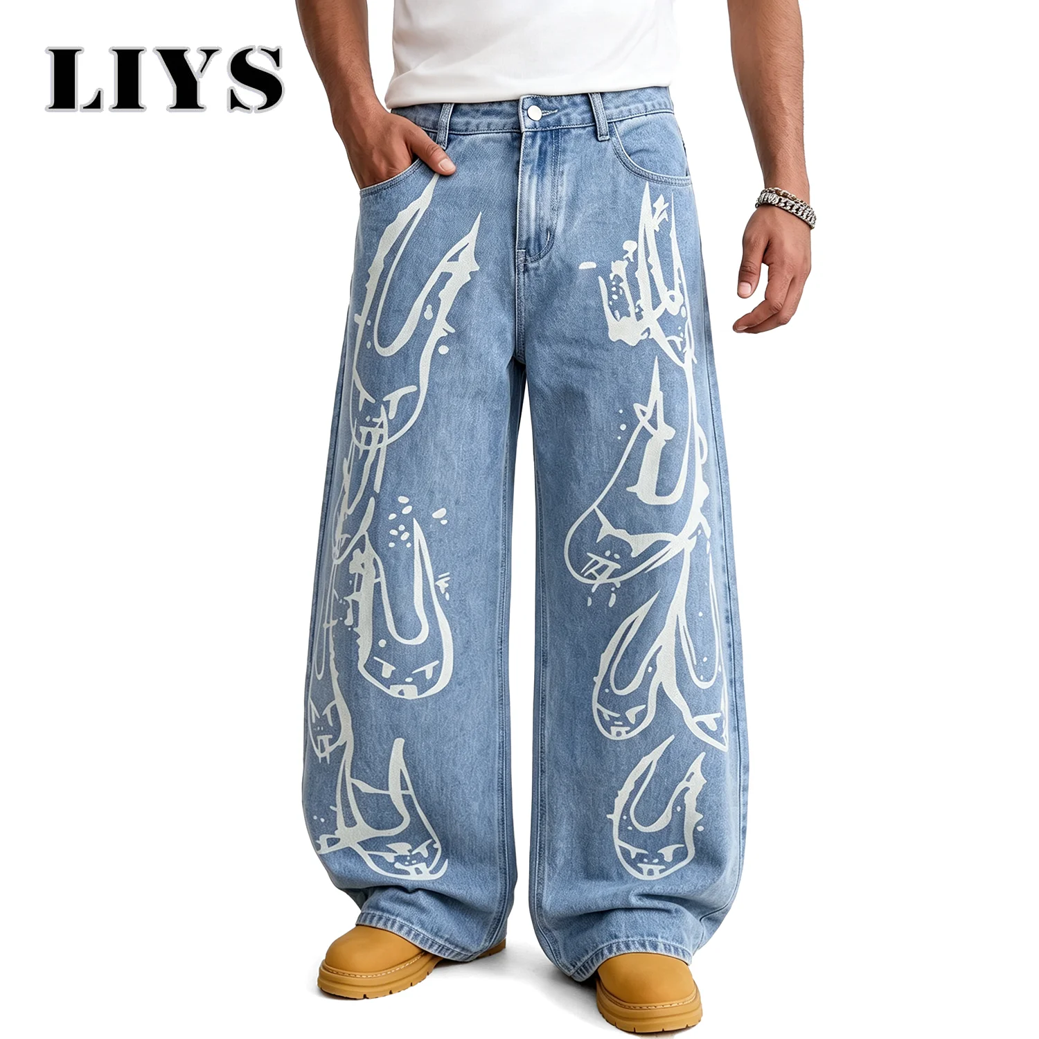 LIYS Men's Y2K Gothic Graffiti Print Baggy Ultra Wide Leg Jeans Hip Hop Streetwear Loose Casual Skater Denim Pants Unisex