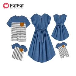 PatPat Family Matching Outfits Blue Cap-sleeve Belted Midi Dresses and Short-sleeve Striped Spliced T-shirts Family Looks Sets