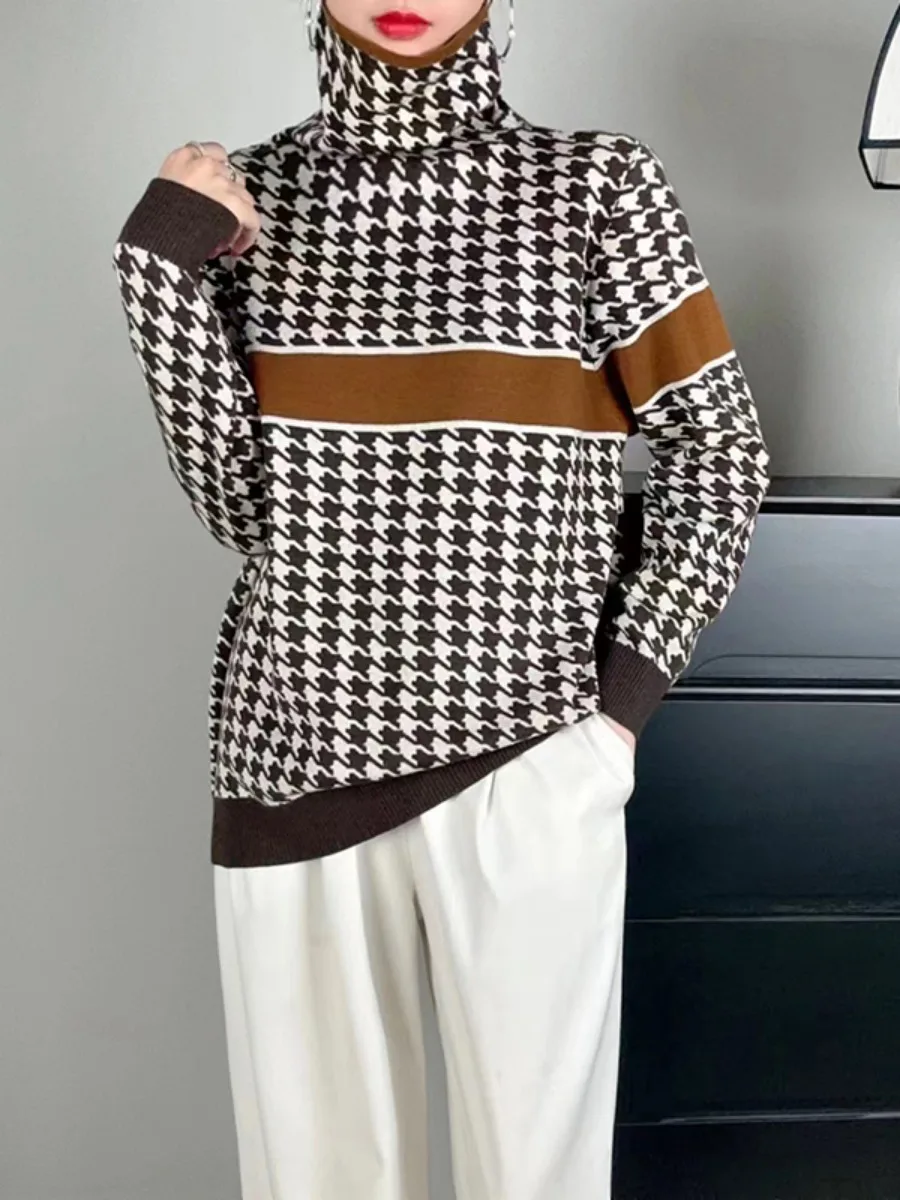 Bonboho Autumn and Winter Female Loose Fit Sweater High Neck Long Sleeves Houndstooth Pullovers Casual Knitted Tops for Women