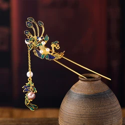 Retro Hair Stick Phoenix U-shaped Hairpin For Women Chinese Hanfu Hair Accessories Golden Crystal Hair Bun Jewelry Vintage Tiara