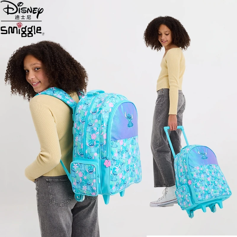 Australia Smiggle Trolley Backpack Disney Children School Bag Stitch Cartoon Backpack Trolley With Light Up Wheels Student Gift